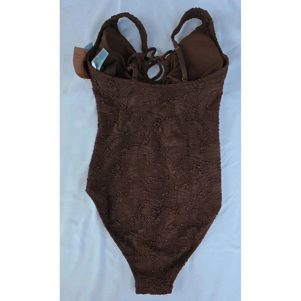 Shade & Shore Swimsuit XL Brown One Piece Textured High Leg Cheeky  Keyhole 382